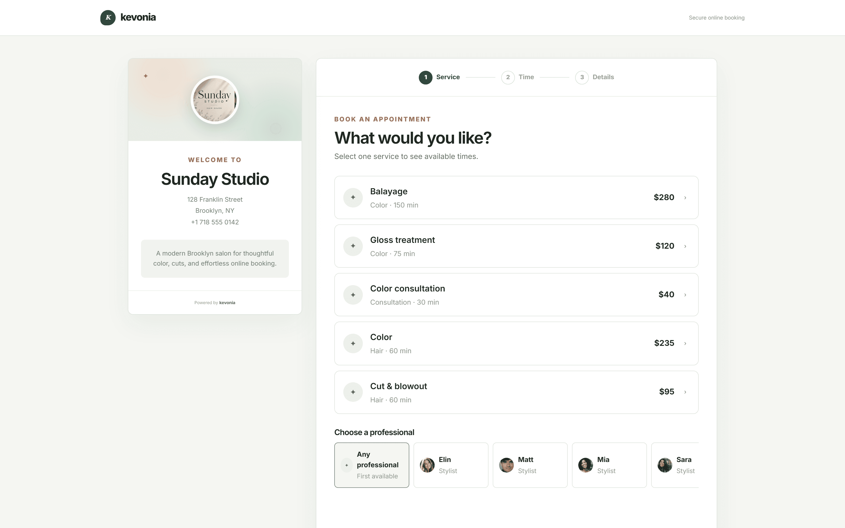 Client-facing online salon booking page created with Kevonia on desktop and mobile