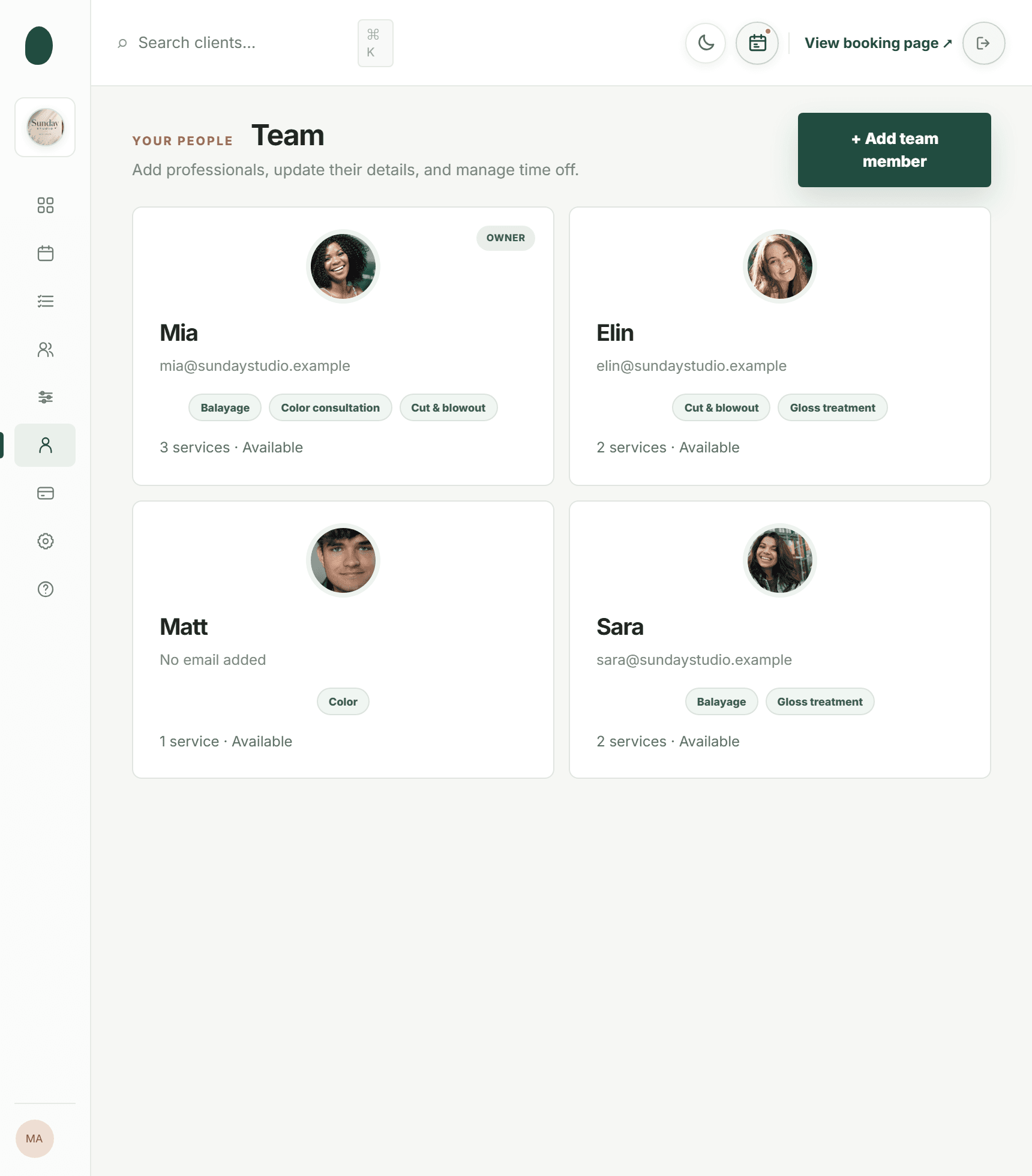 Kevonia team screen in the salon management dashboard